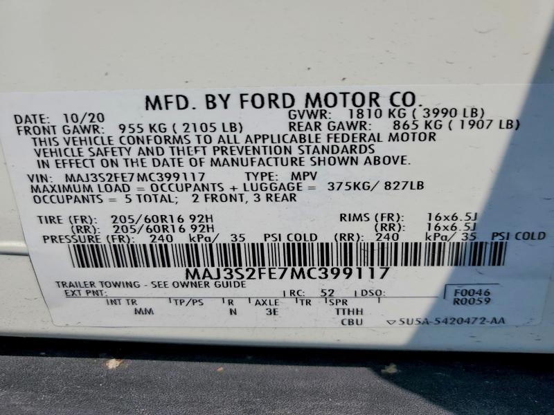 61296726 :رقم المزاد ، MAJ3S2FE7MC399117 vin ، 2021 Ford Ecosport مزاد بيع