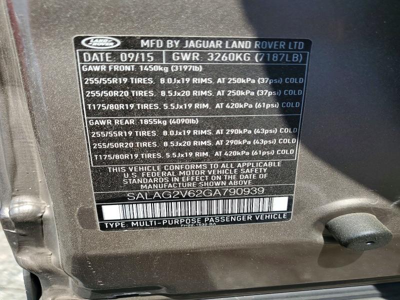 Aukcja sprzedaży 2016 Land Rover Lr4, vin: SALAG2V62GA790939, numer aukcji: 59642456