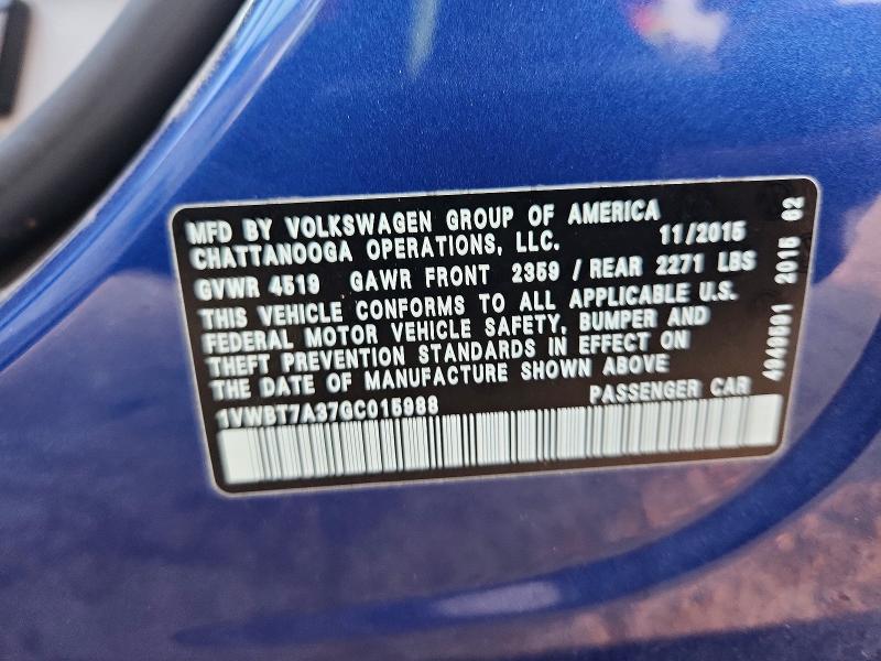 Продажа на аукционе авто 2016 Volkswagen Passat, vin: 1VWBT7A37GC015988, номер лота: 61772036
