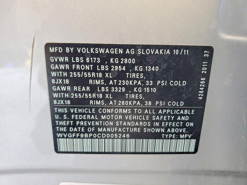 63320666 :رقم المزاد ، WVGFF9BP0CD005246 vin ، 2012 Volkswagen Touareg مزاد بيع
