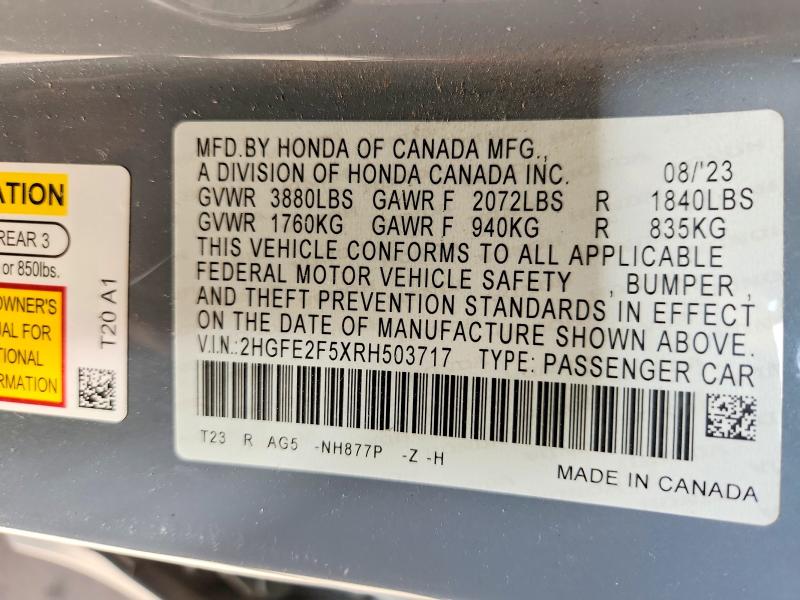 Продаж на аукціоні авто 2024 Honda Civic, vin: 2HGFE2F5XRH503717, номер лоту: 60692236
