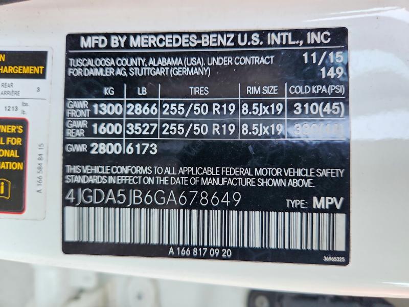 59386176 :رقم المزاد ، 4JGDA5JB6GA678649 vin ، 2016 Mercedes-benz Gle مزاد بيع