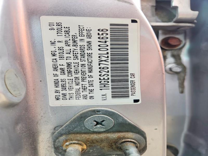 60569266 :رقم المزاد ، 1HGES267X2L004656 vin ، 2002 Honda Civic مزاد بيع