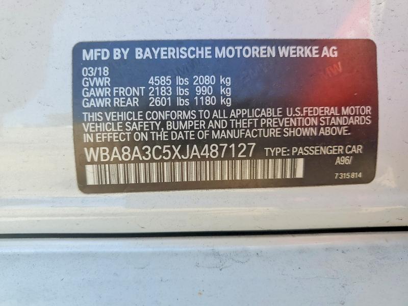 Продаж на аукціоні авто 2018 Bmw 320, vin: WBA8A3C5XJA487127, номер лоту: 62117286