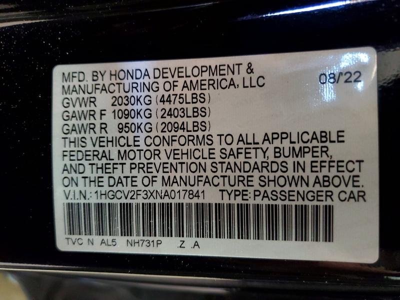 2022 Honda Accord მანქანა იყიდება აუქციონზე, vin: 1HGCV2F3XNA017841, აუქციონის ნომერი: 58929086