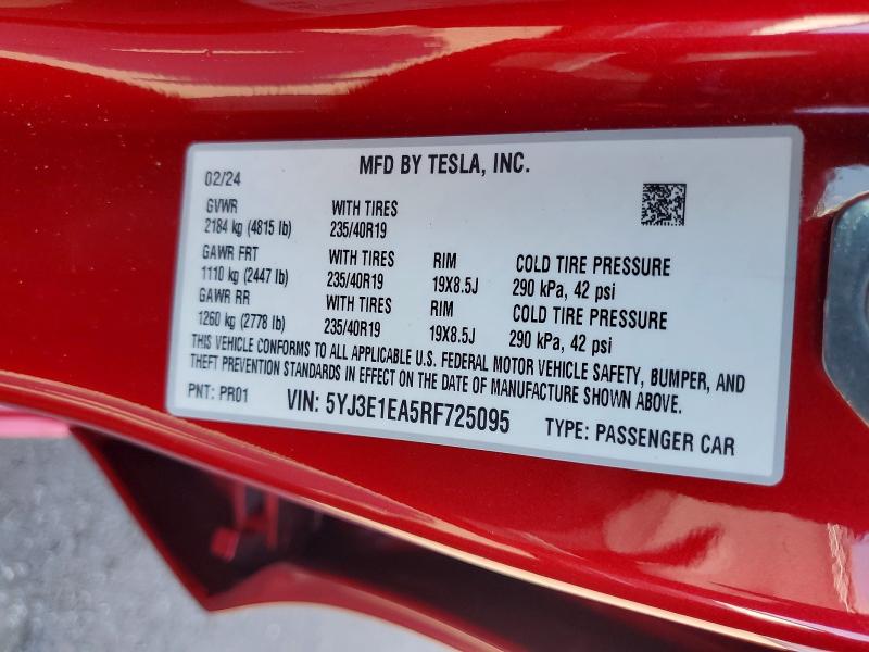 Aukcja sprzedaży 2024 Tesla Model 3, vin: 5YJ3E1EA5RF725095, numer aukcji: 61580056