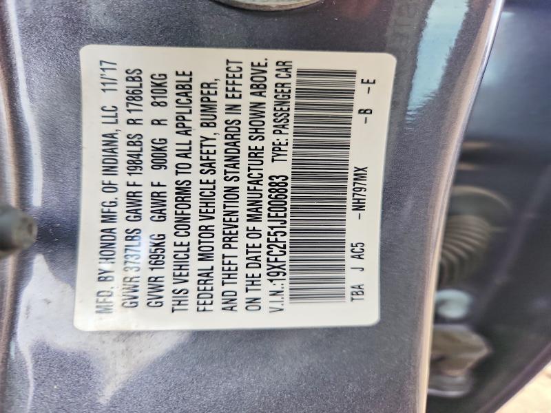 Продажа на аукционе авто 2018 Honda Civic, vin: 19XFC2F51JE006883, номер лота: 63340156