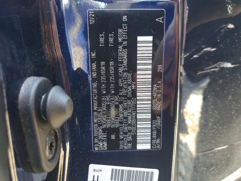 Aukcja sprzedaży 2022 Toyota Highlander, vin: 5TDCZRBH4NS177052, numer aukcji: 62650126