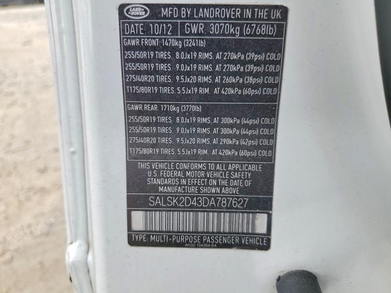 2013 Land Rover Range Rover Sport მანქანა იყიდება აუქციონზე, vin: SALSK2D43DA787627, აუქციონის ნომერი: 62668486