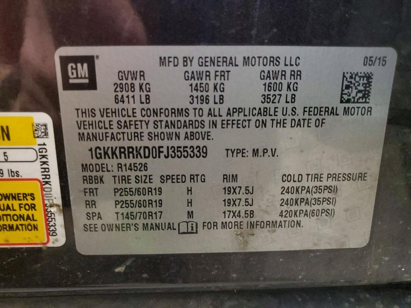 2015 Gmc Acadia მანქანა იყიდება აუქციონზე, vin: 1GKKRRKD0FJ355339, აუქციონის ნომერი: 59913286