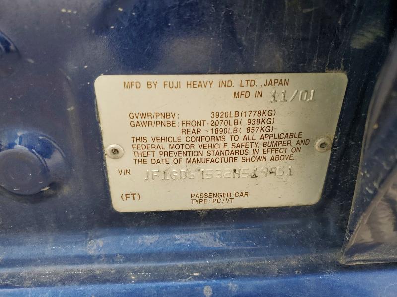Продажа на аукционе авто 2002 Subaru Impreza, vin: JF1GD67532H519951, номер лота: 62788636