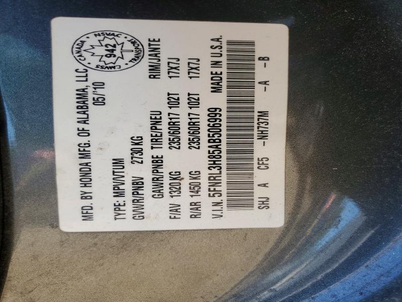 61317556 :رقم المزاد ، 5FNRL3H85AB506999 vin ، 2010 Honda Odyssey مزاد بيع