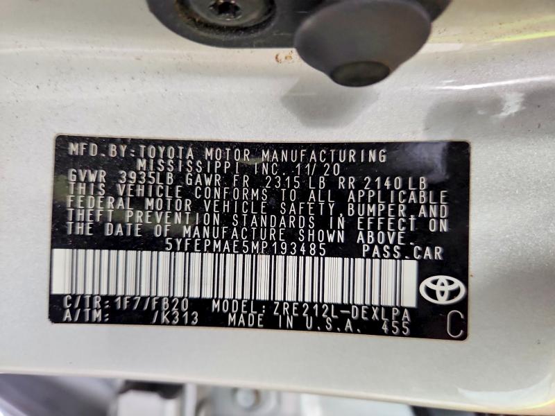 60260356 :رقم المزاد ، 5YFEPMAE5MP193485 vin ، 2021 Toyota Corolla مزاد بيع