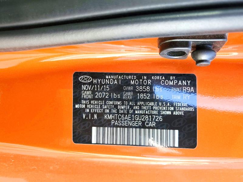 Продажа на аукционе авто 2016 Hyundai Veloster, vin: KMHTC6AE1GU281726, номер лота: 59390356