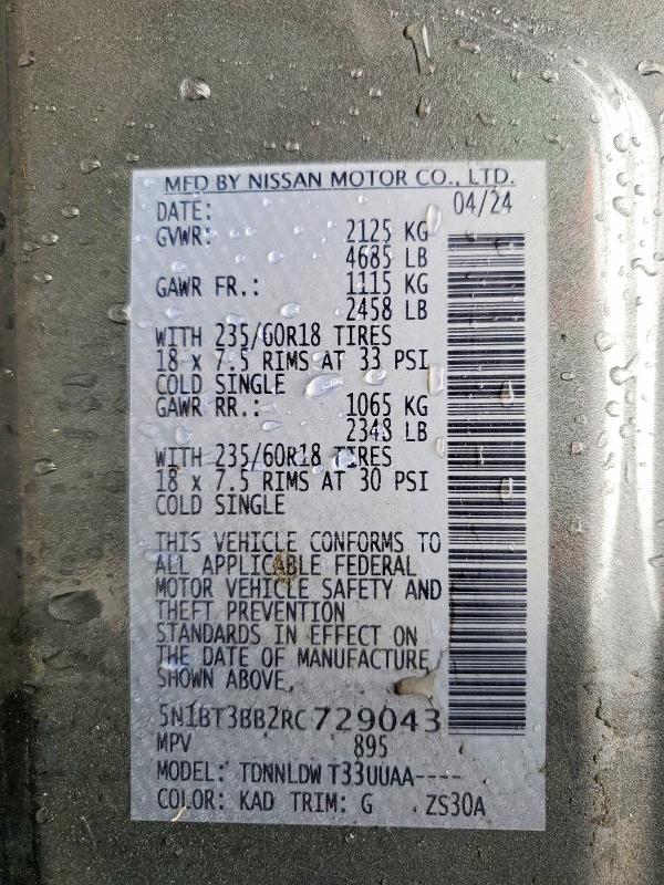 58603186 :رقم المزاد ، 5N1BT3BB2RC729043 vin ، 2024 Nissan Rogue مزاد بيع