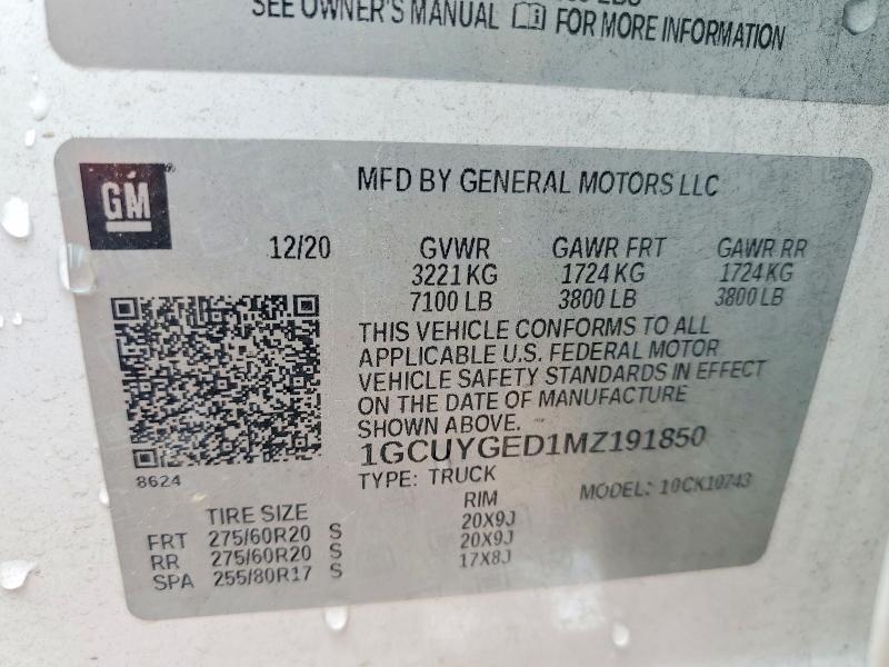 Auction sale of the 2021 Chevrolet Silverado, vin: 1GCUYGED1MZ191850, lot number: 60637696