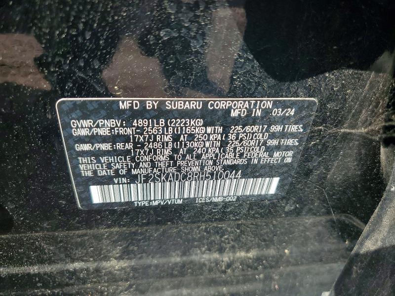 59122276 :رقم المزاد ، JF2SKADC8RH510044 vin ، 2024 Subaru Forester مزاد بيع