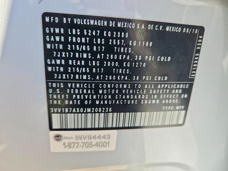 60778076 :رقم المزاد ، 3VV1B7AX0JM208236 vin ، 2018 Volkswagen Tiguan مزاد بيع