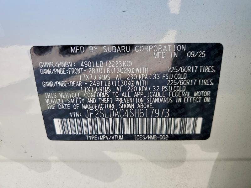 61239376 :رقم المزاد ، JF2SLDAC4SH617973 vin ، 2025 Subaru Forester مزاد بيع