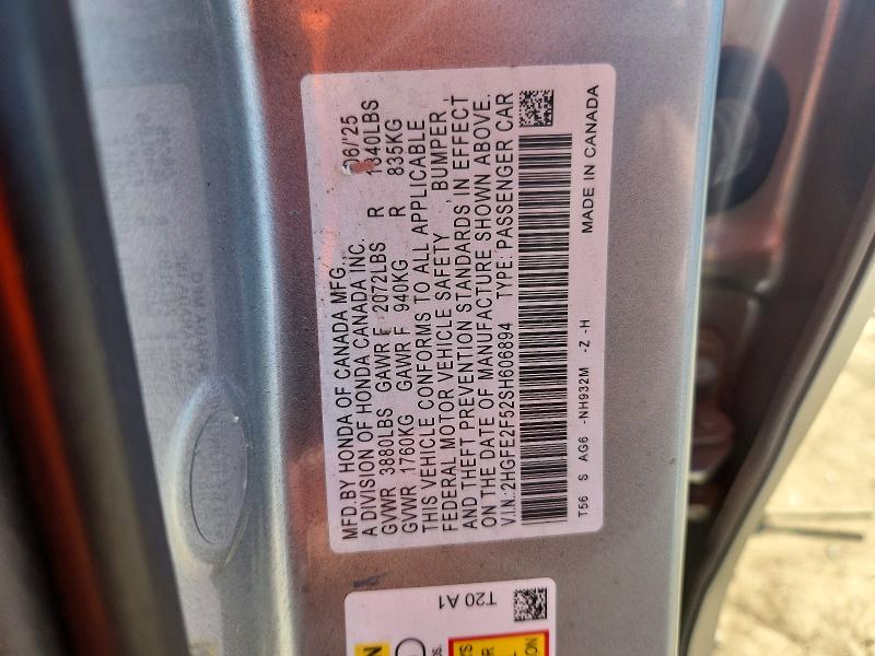 62282006 :رقم المزاد ، 2HGFE2F52SH606894 vin ، 2025 Honda Civic مزاد بيع