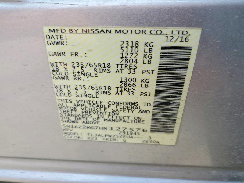 61202136 :رقم المزاد ، 5N1AZ2MG7HN127576 vin ، 2017 Nissan Murano مزاد بيع