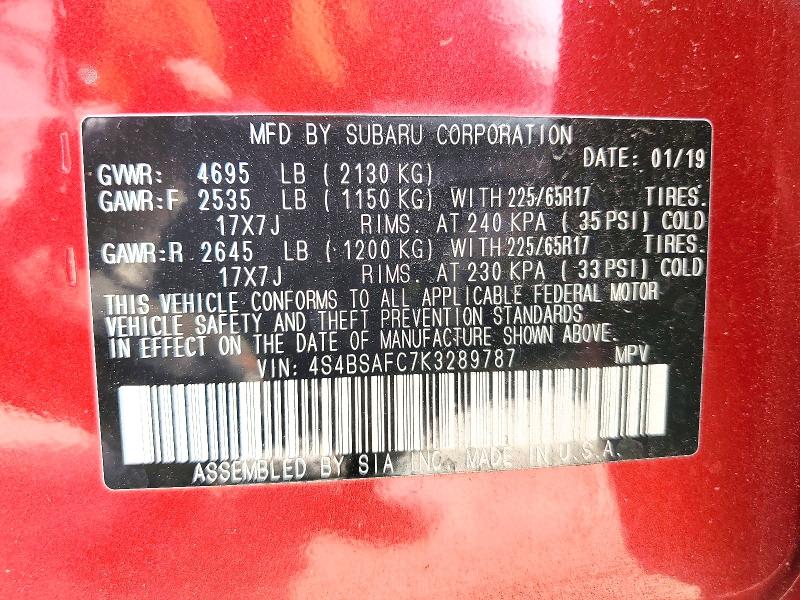 Продажа на аукционе авто 2019 Subaru Outback, vin: 4S4BSAFC7K3289787, номер лота: 61004096