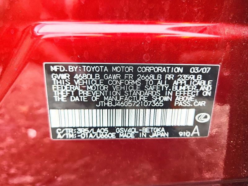 2007 Lexus Es მანქანა იყიდება აუქციონზე, vin: JTHBJ46G572107365, აუქციონის ნომერი: 59833186