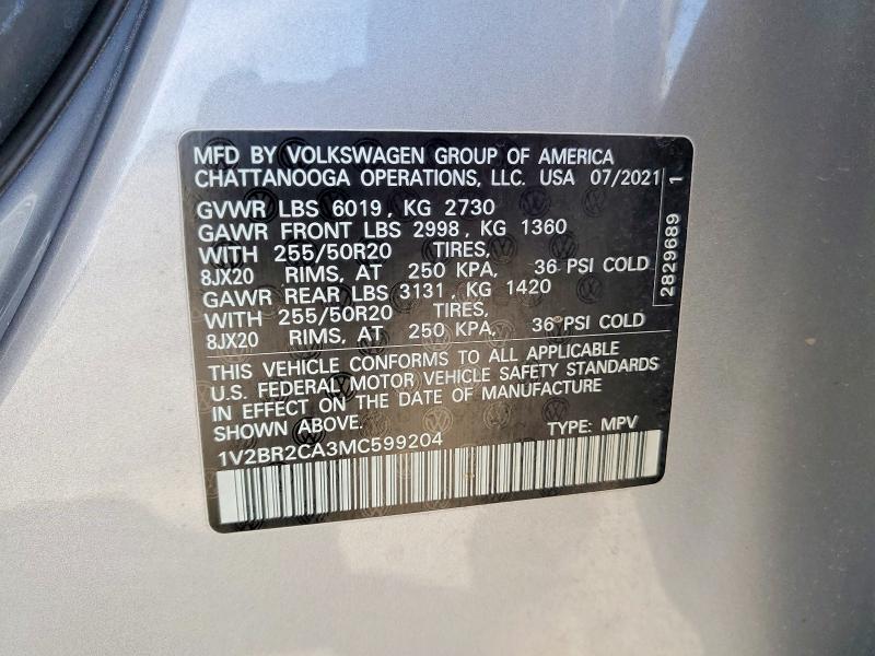 Продажа на аукционе авто 2021 Volkswagen Atlas, vin: 1V2BR2CA3MC599204, номер лота: 59901176