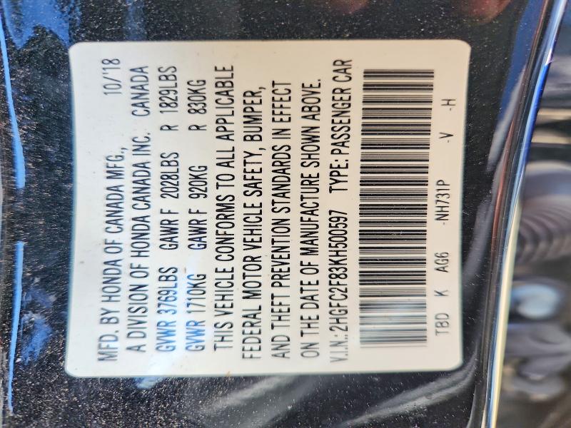 59780616 :رقم المزاد ، 2HGFC2F83KH500597 vin ، 2019 Honda Civic مزاد بيع