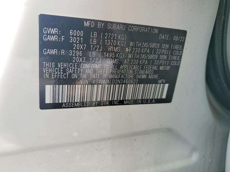 2022 Subaru Ascent მანქანა იყიდება აუქციონზე, vin: 4S4WMALD2N3460622, აუქციონის ნომერი: 59774956