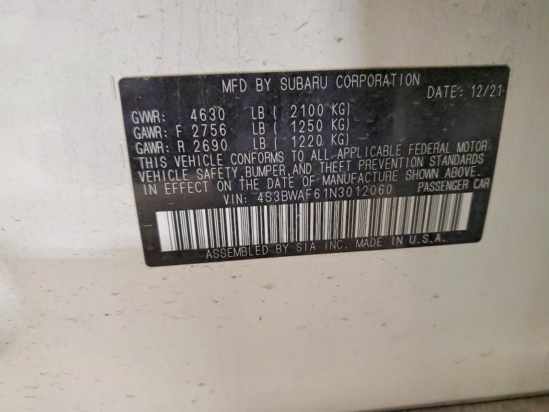 Продажа на аукционе авто 2022 Subaru Legacy, vin: 4S3BWAF61N3012060, номер лота: 63535306