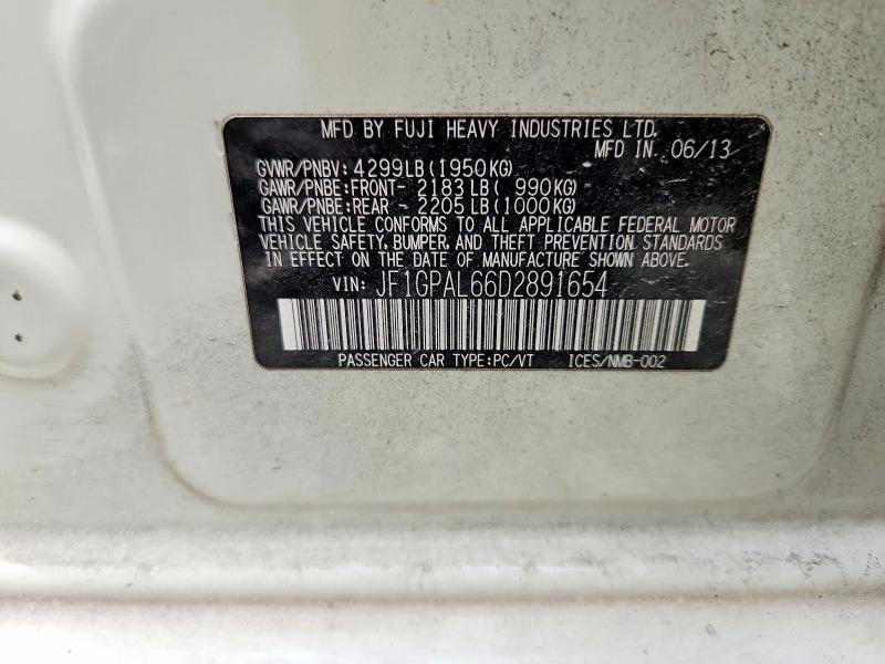 61011626 :رقم المزاد ، JF1GPAL66D2891654 vin ، 2013 Subaru Impreza مزاد بيع