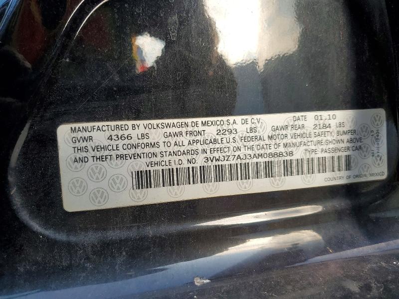 2010 Volkswagen Jetta მანქანა იყიდება აუქციონზე, vin: 3VWJZ7AJ3AM088838, აუქციონის ნომერი: 61504876