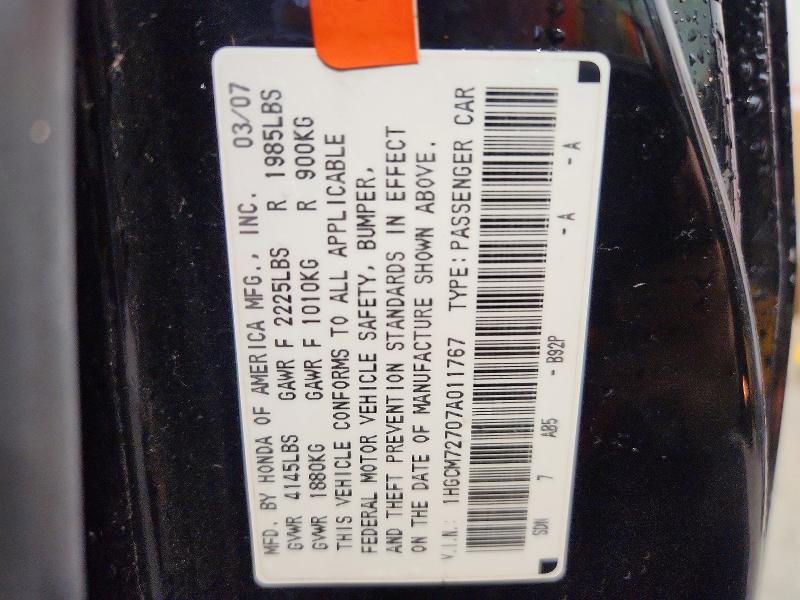 61864376 :رقم المزاد ، 1HGCM72707A011767 vin ، 2007 Honda Accord مزاد بيع