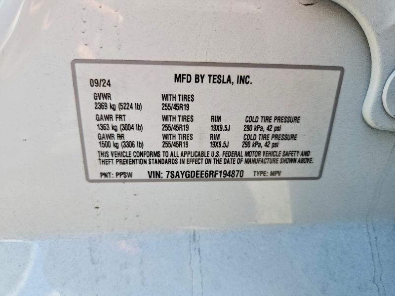 61278576 :رقم المزاد ، 7SAYGDEE6RF194870 vin ، 2024 Tesla Model Y مزاد بيع