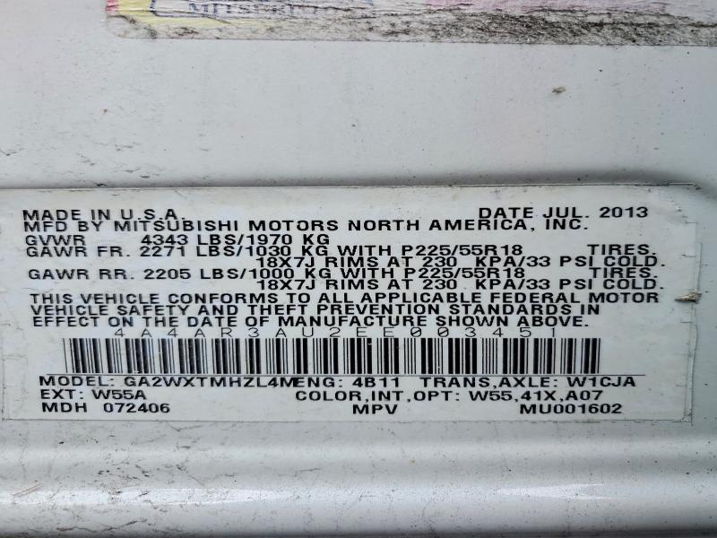 59797446 :رقم المزاد ، 4A4AR3AU2EE003451 vin ، 2014 Mitsubishi Outlander Sport مزاد بيع