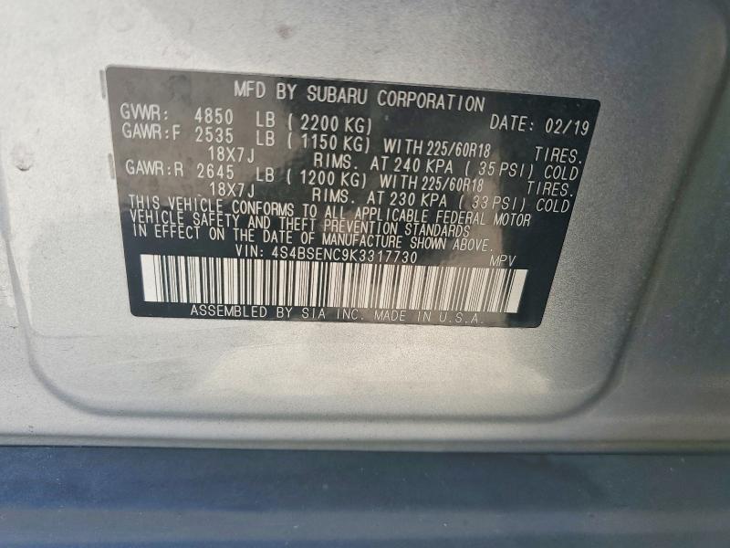 60526356 :رقم المزاد ، 4S4BSENC9K3317730 vin ، 2019 Subaru Outback مزاد بيع