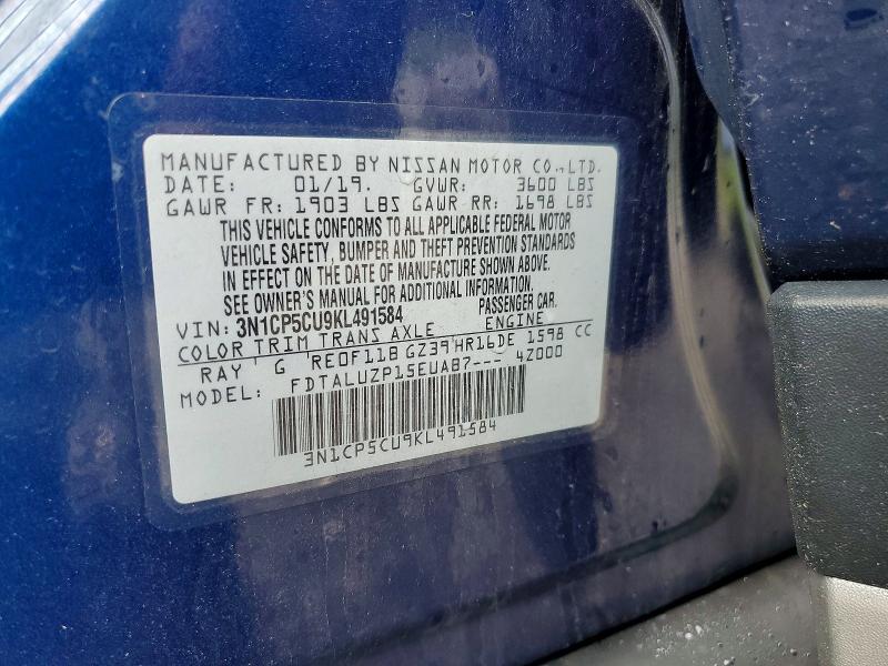 62124516 :رقم المزاد ، 3N1CP5CU9KL491584 vin ، 2019 Nissan Kicks مزاد بيع