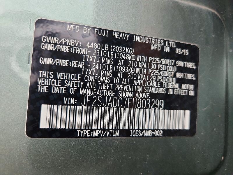 Продажа на аукционе авто 2015 Subaru Forester, vin: JF2SJADC7FH803299, номер лота: 62726466