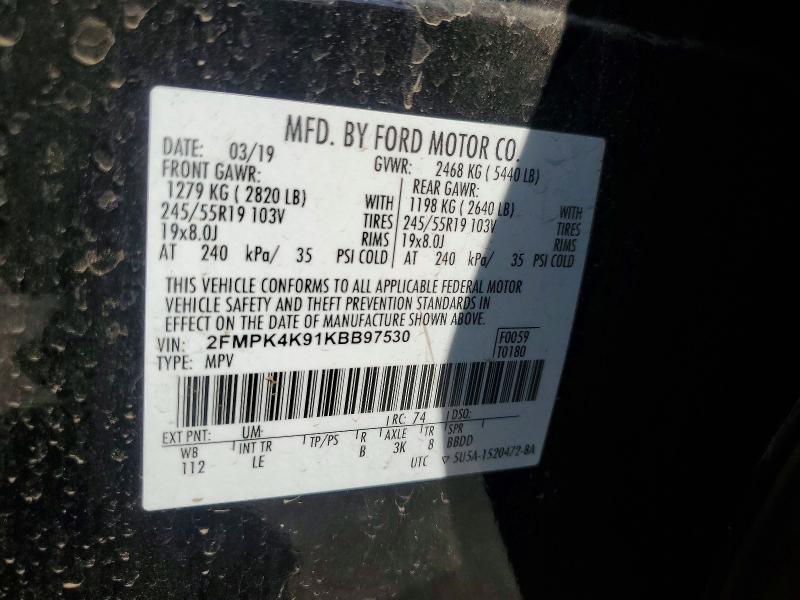 2019 Ford Edge მანქანა იყიდება აუქციონზე, vin: 2FMPK4K91KBB97530, აუქციონის ნომერი: 62164866