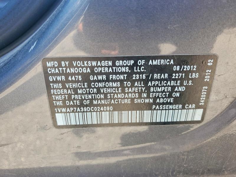 Продажа на аукционе авто 2013 Volkswagen Passat, vin: 1VWAP7A39DC024090, номер лота: 62280936
