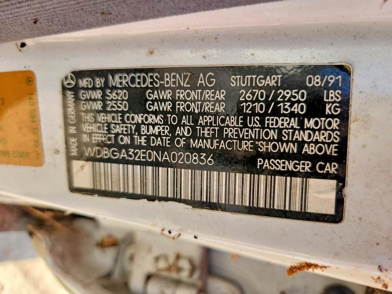 Aukcja sprzedaży 1992 Mercedes-benz 300, vin: WDBGA32E0NA020836, numer aukcji: 59860026