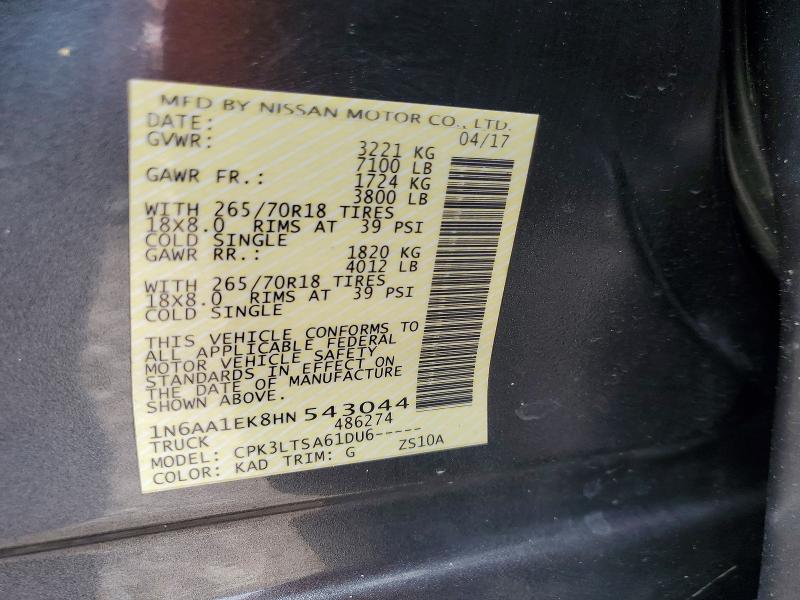 Aukcja sprzedaży 2017 Nissan Titan, vin: 1N6AA1EK8HN543044, numer aukcji: 60320586