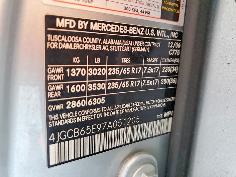 60703056 :رقم المزاد ، 4JGCB65E97A051205 vin ، 2007 Mercedes-benz R مزاد بيع