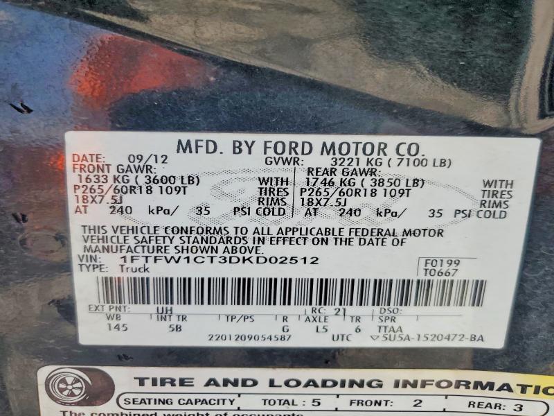 2013 Ford F150 მანქანა იყიდება აუქციონზე, vin: 1FTFW1CT3DKD02512, აუქციონის ნომერი: 61590126