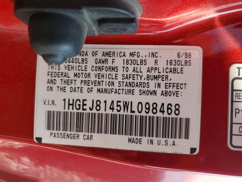 59140456 :رقم المزاد ، 1HGEJ8145WL098468 vin ، 1998 Honda Civic مزاد بيع