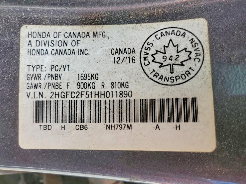 2017 Honda Civic მანქანა იყიდება აუქციონზე, vin: 2HGFC2F51HH011890, აუქციონის ნომერი: 60858956