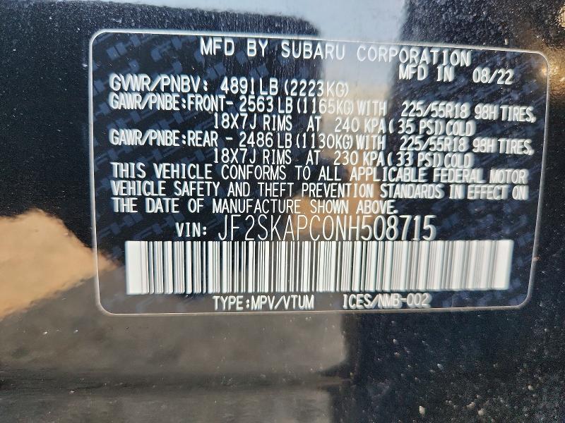 2022 Subaru Forester მანქანა იყიდება აუქციონზე, vin: JF2SKAPC0NH508715, აუქციონის ნომერი: 62477296