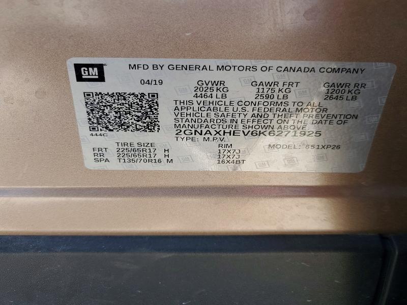 Продаж на аукціоні авто 2019 Chevrolet Equinox, vin: 2GNAXHEV6K6271925, номер лоту: 62306456