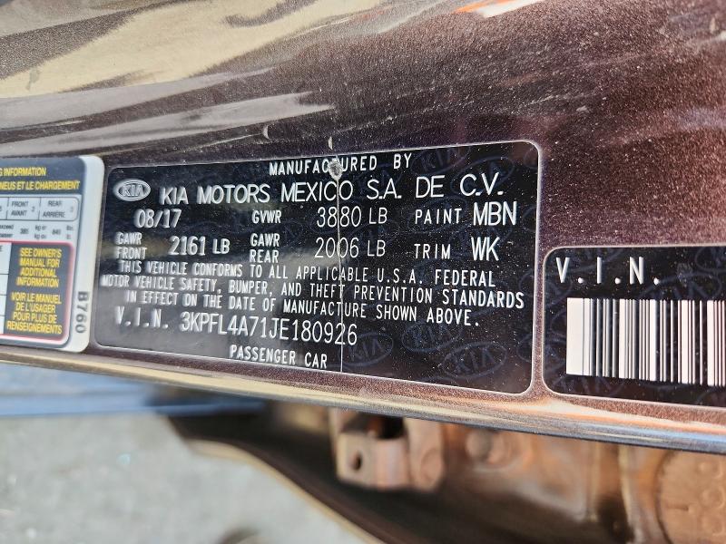 2018 Kia Forte მანქანა იყიდება აუქციონზე, vin: 3KPFL4A71JE180926, აუქციონის ნომერი: 59261736